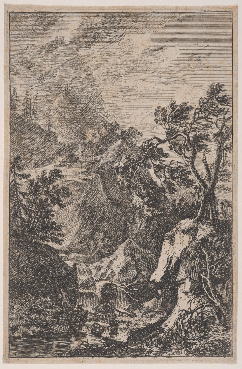 Plåt 6: två mansfigurer som står på en sten till höger, ett vattenfall i mitten med en..., ca. 1700-25. av Franz Joachim Beich