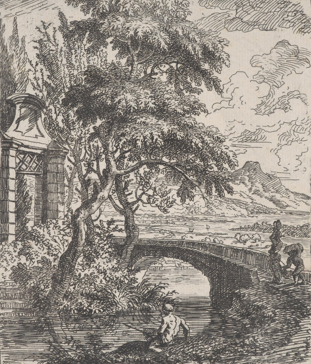 Plåt 7: två figurer till höger på väg över en stenbro, en fiskare i för..., ca. 1700-25. av Franz Joachim Beich