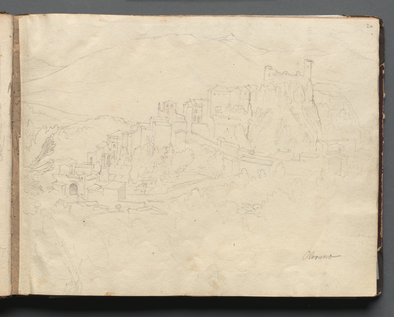 Album med vyer över Rom och dess omgivningar, Landskapsstudier, sidan 02a: "Olevano" av Franz Johann Heinrich Nadorp