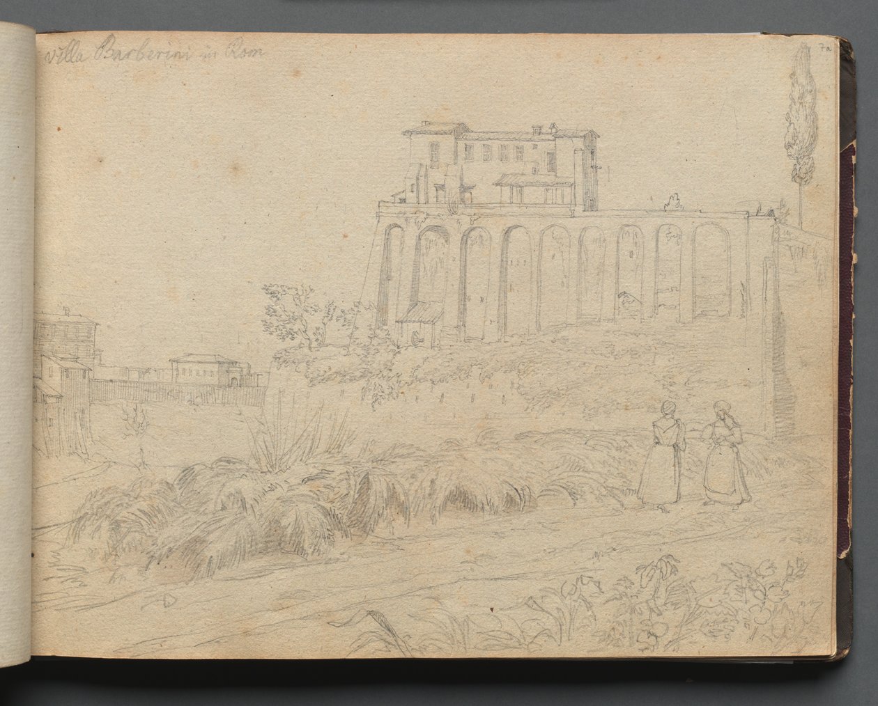 Album med utsikt över Rom och omgivningar, Landskapsstudier, sida 07a: Villla Barberini i Rom. av Franz Johann Heinrich Nadorp