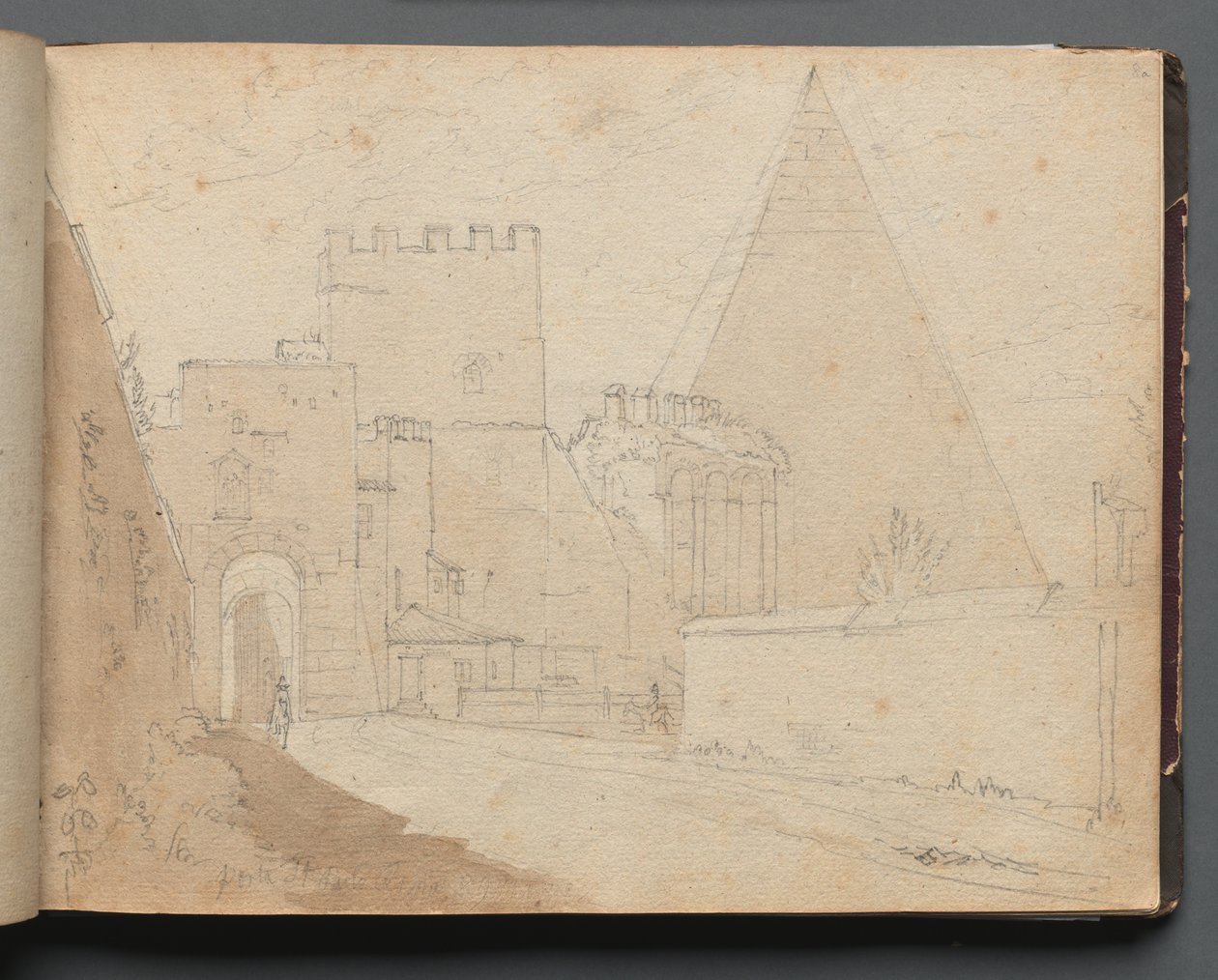 Album med utsikt över Rom och omgivningar, landskapsstudier, sida 08a: "Porta St. Paolo" av Franz Johann Heinrich Nadorp
