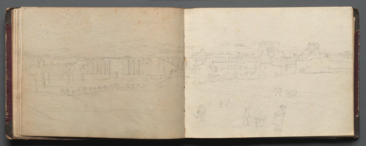 Album med utsikt över Rom och omgivningar, Landskapsstudier, sidan 08b och 09 a: Panoramautsikt…. av Franz Johann Heinrich Nadorp