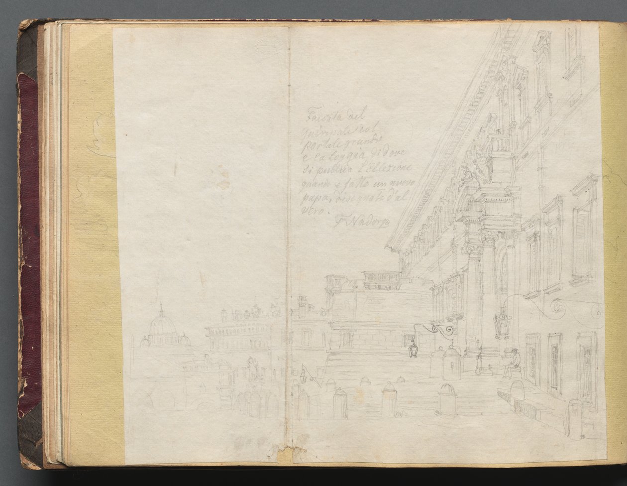 Album med utsikt över Rom och omgivningar, landskapsstudier, sida 15b: romersk arkitekturvy av Franz Johann Heinrich Nadorp