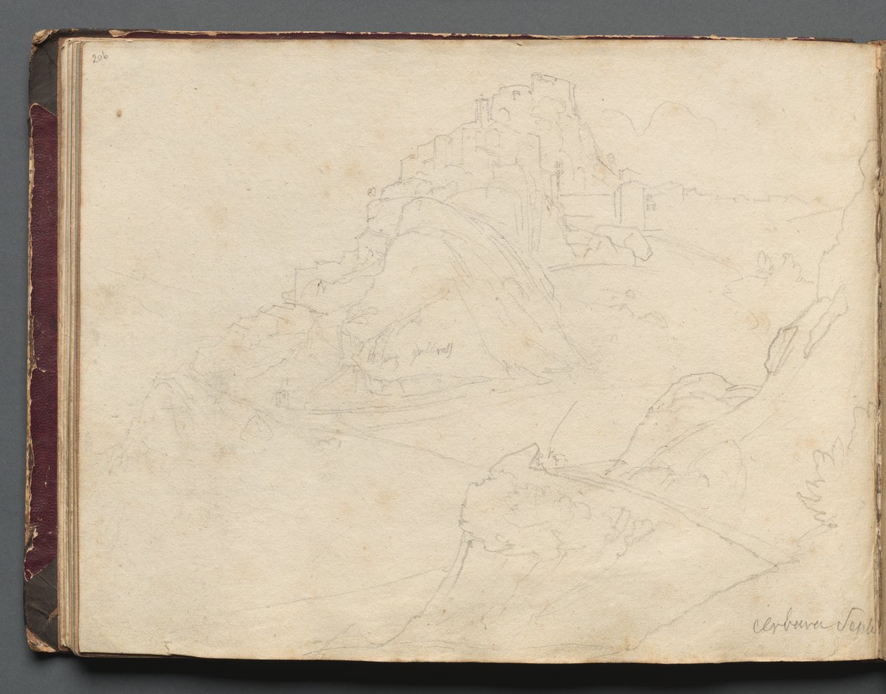 Album med utsikt över Rom och omgivningar, Landskapsstudier, sidan 20b: Cervera. av Franz Johann Heinrich Nadorp