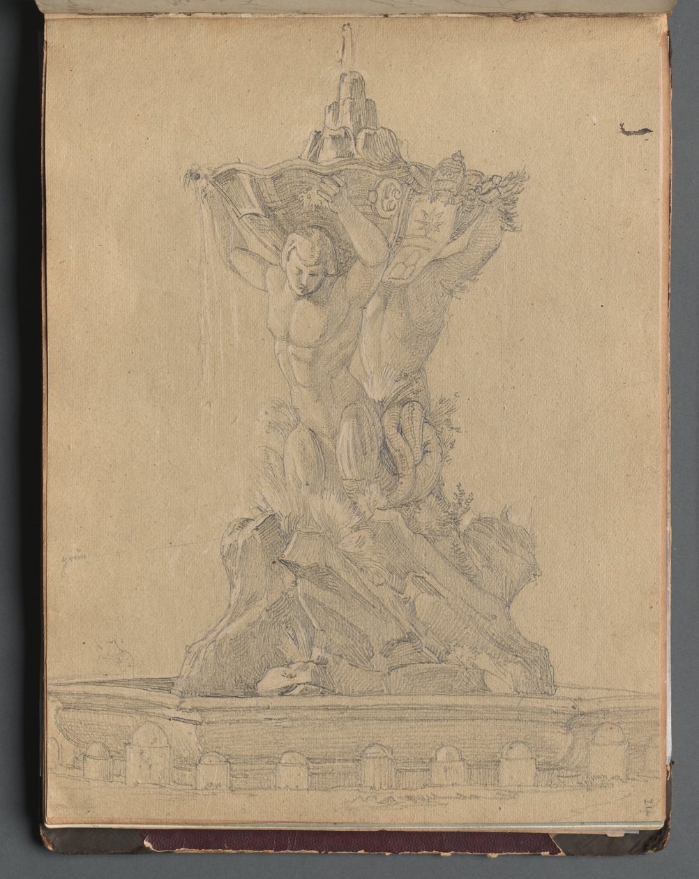 Album med utsikt över Rom och omgivningar, landskapsstudier, sida 21a: Romersk fontän av Franz Johann Heinrich Nadorp