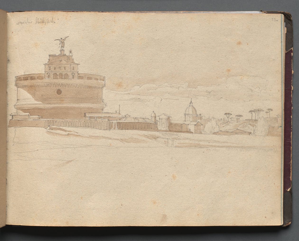 Album med utsikt över Rom och omgivningar, Landskapsstudier, sida 23a: Castel Sant Angelo, Rom. av Franz Johann Heinrich Nadorp
