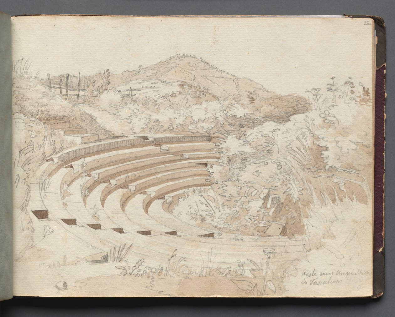 Album med utsikt över Rom och omgivningar, Landskapsstudier, sida 25a: Amfiteatern, Tusculum. av Franz Johann Heinrich Nadorp