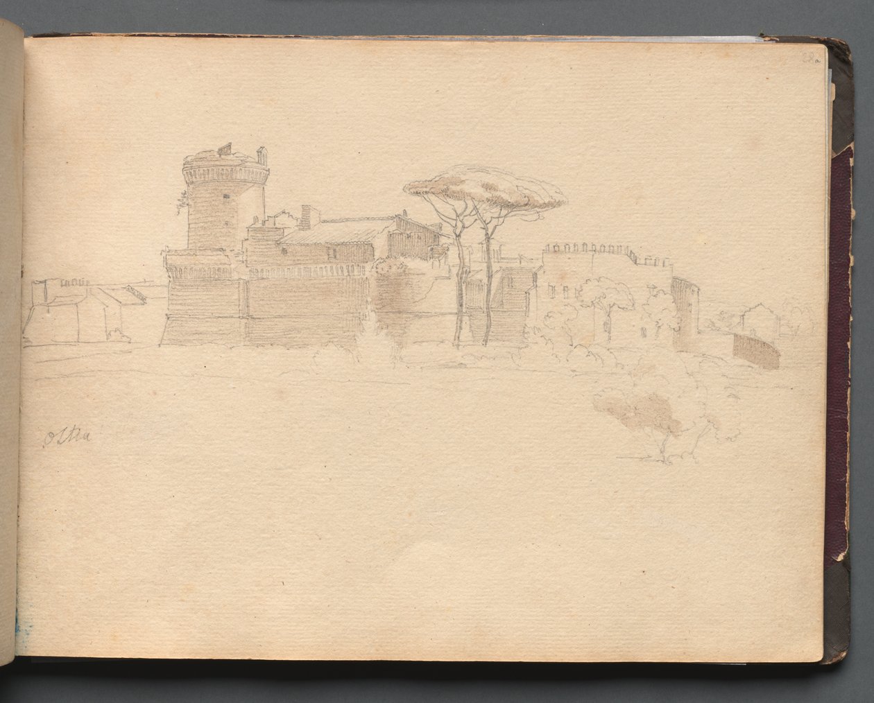 Album med utsikt över Rom och omgivningar, landskapsstudier, sida 28a: "Ostia" av Franz Johann Heinrich Nadorp