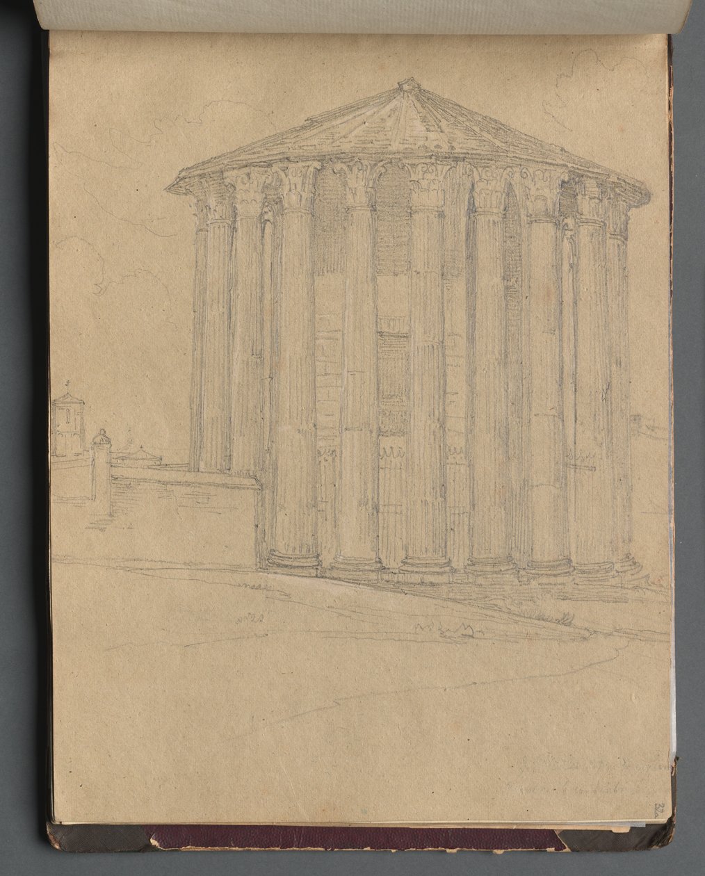 Album med utsikt över Rom och omgivningar, landskapsstudier, sida 32a: Romerskt tempel. av Franz Johann Heinrich Nadorp