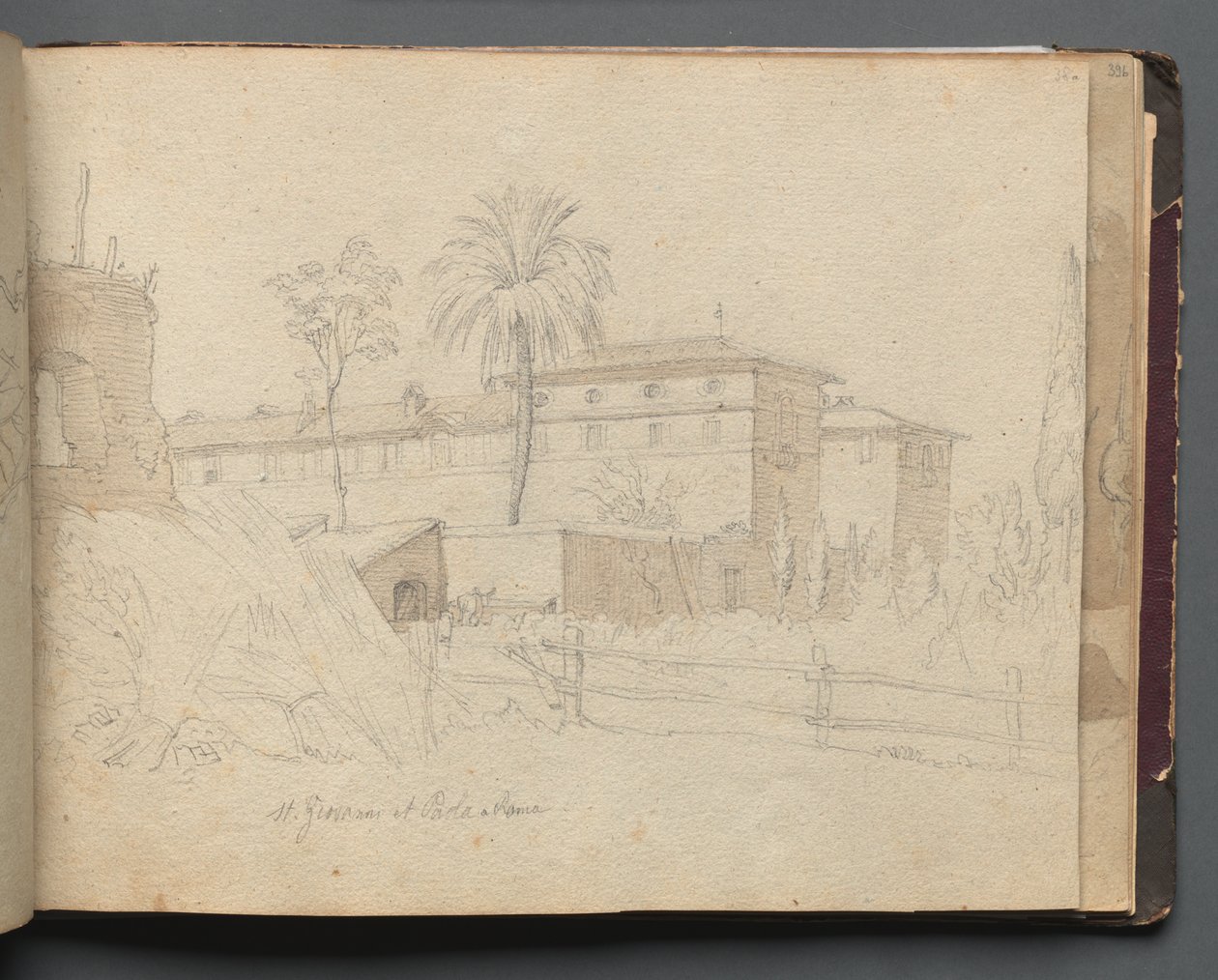 Album med utsikt över Rom och omgivningar, Landskapsstudier, sidan 38a: :St. Giovanni e Paolo, Rom" av Franz Johann Heinrich Nadorp