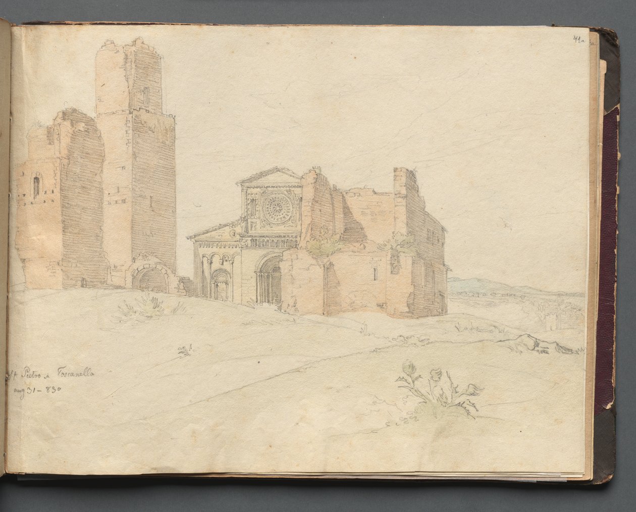 Album med utsikt över Rom och omgivningar, landskapsstudier, sidan 41a: "St. Pietro, Toscanella" av Franz Johann Heinrich Nadorp