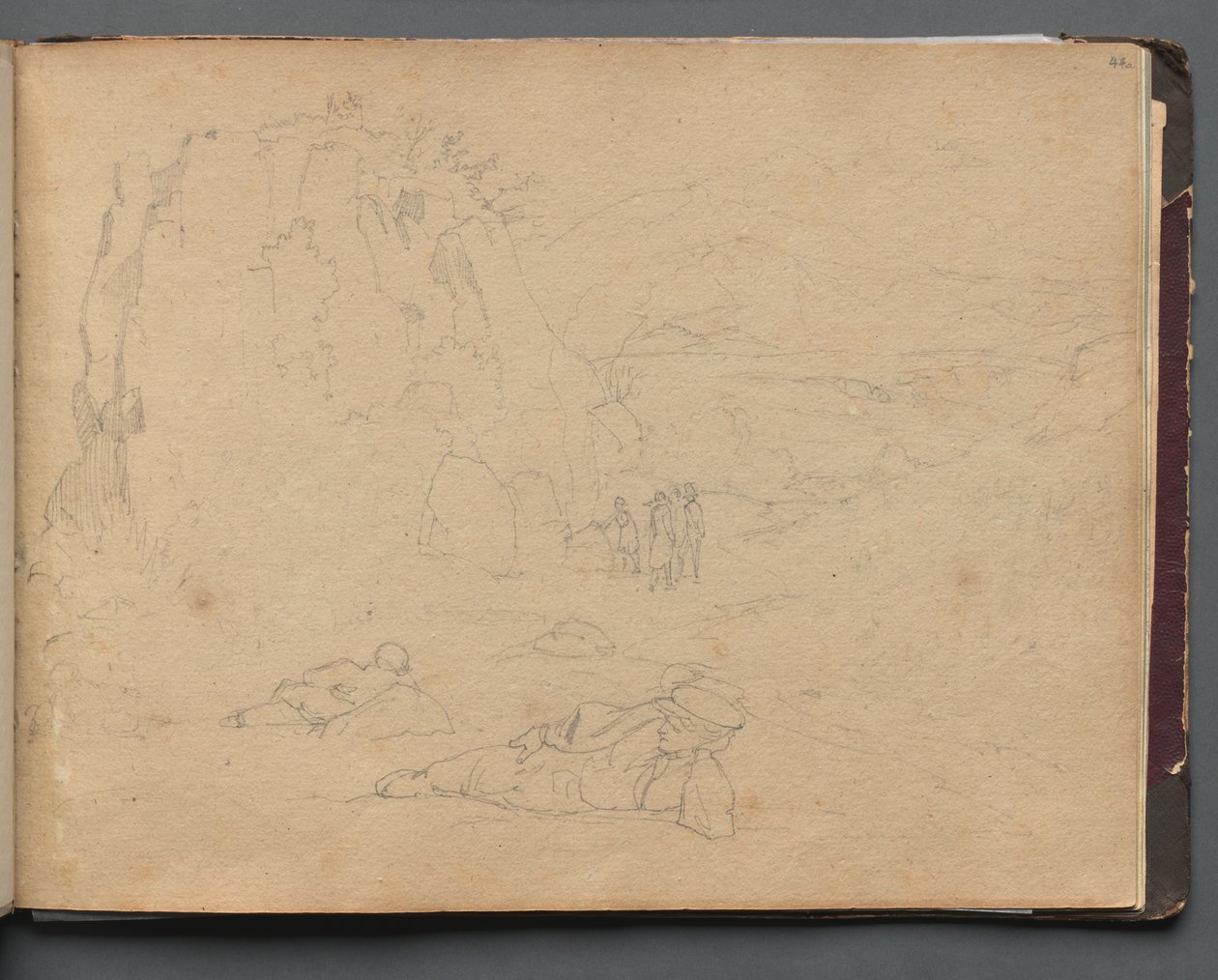 Album med utsikt över Rom och omgivningar, landskapsstudier, sidan 44a: Figurer i ett landskap. av Franz Johann Heinrich Nadorp
