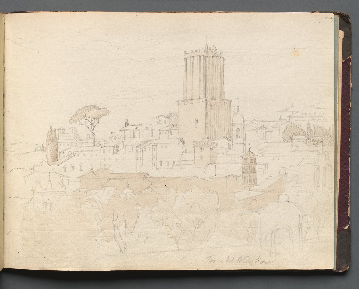 Album med utsikt över Rom och omgivningar, Landskapsstudier, sida 47a: Torre del Nero, Rom. av Franz Johann Heinrich Nadorp