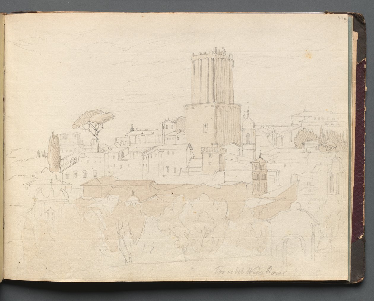 Album med utsikt över Rom och omgivningar, landskapsstudier, sida 47a: "Torre del Nero, Rom" av Franz Johann Heinrich Nadorp