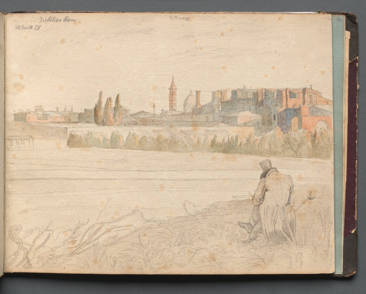 Album med utsikt över Rom och omgivningar, landskapsstudier, sida 48a: Romersk panoramavy. av Franz Johann Heinrich Nadorp
