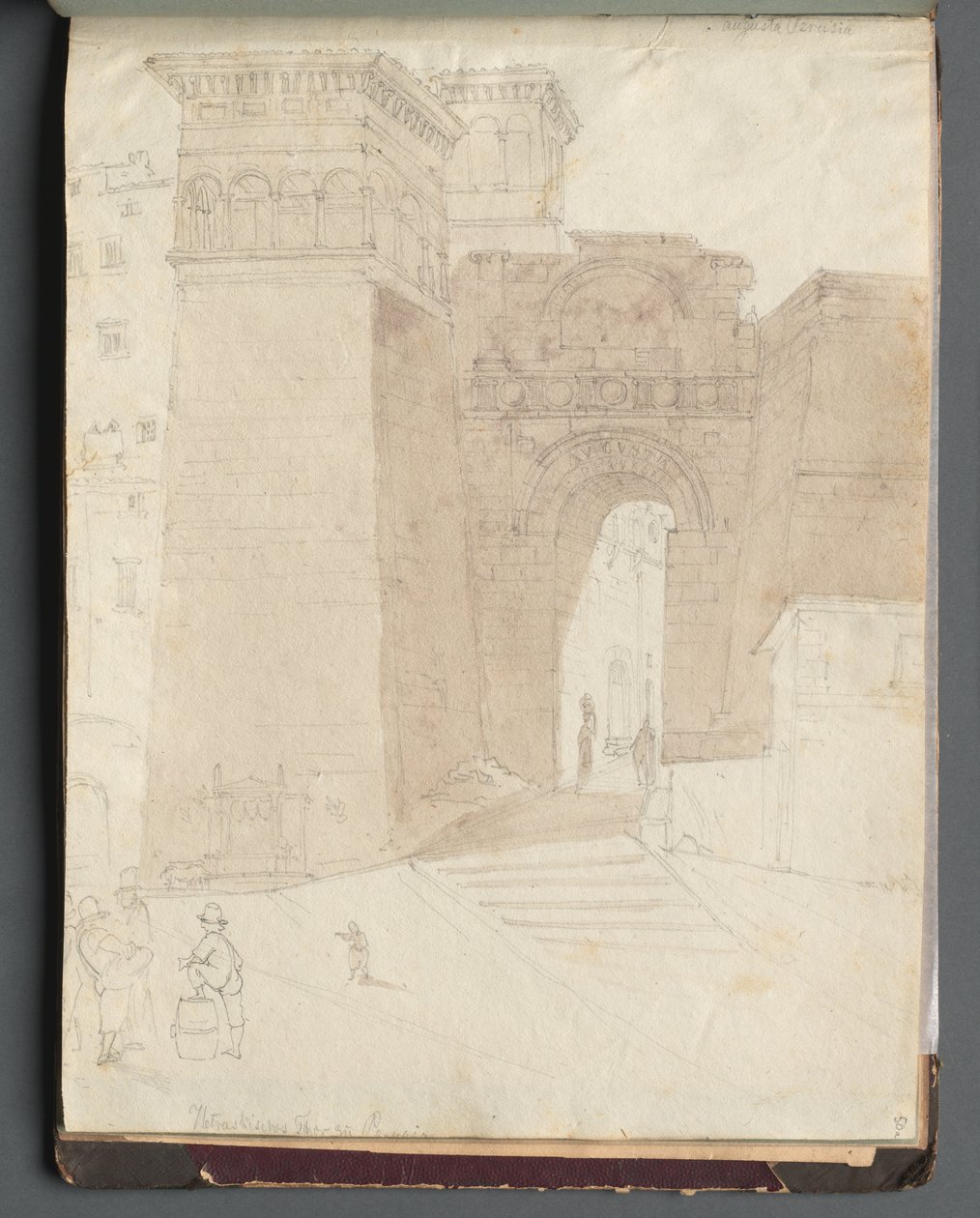 Album med utsikt över Rom och omgivningar, landskapsstudier, sida 50a: Romersk arkitekturvy. av Franz Johann Heinrich Nadorp