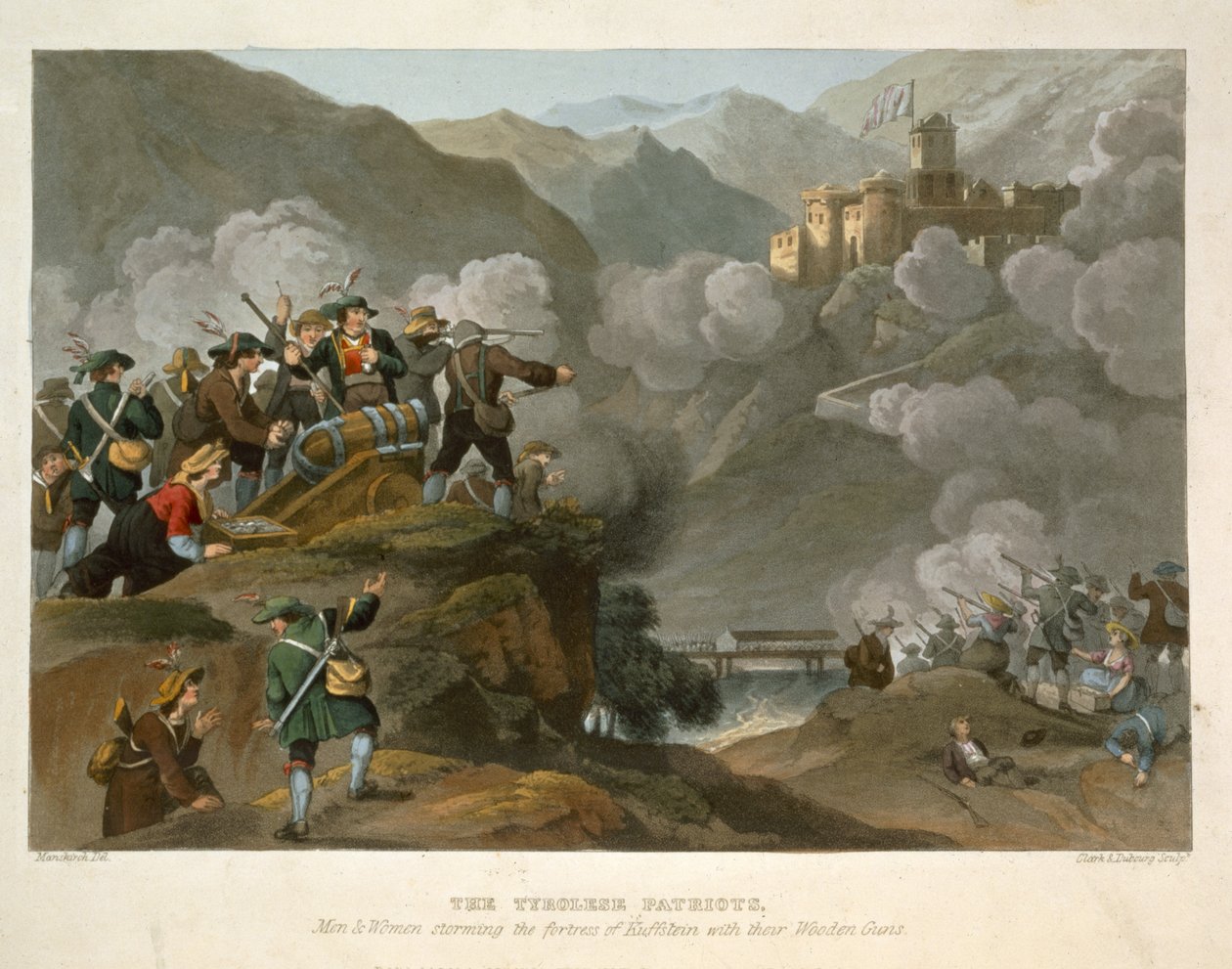 The Tirolese Patriots storming the Fortress of Kuffstein with their Wooden Guns, graverade av John Heaviside Clark (c.1771-1863) och Matthew Dubourg (fl.1813-20) från Historic, Military and Naval Anecd av Franz Joseph Manskirch