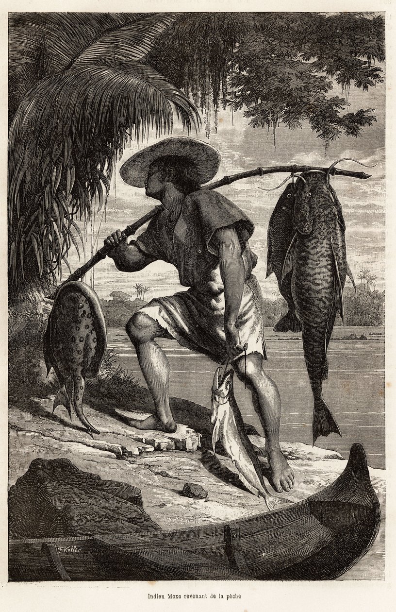 Indiska Moxo (Mojo, Moxeno) (från Mato Grosso-regionen) som återvänder från fiske, graverar efter en teckning av berättaren, som illustrerar en upptäcktsresa på Amazonas och Madeira, 1874, av Franz Keller Leuzinger, publicerad i "" Le tour du av Franz Keller