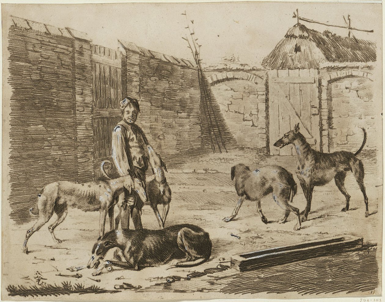 Gårdsrum med en pojke och hundar av Franz Krüger
