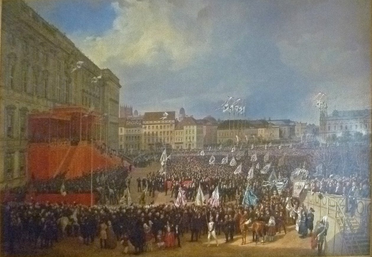 Hyllning till Friedrich Wilhelm IV framför Berlins stadspalats av Franz Krüger