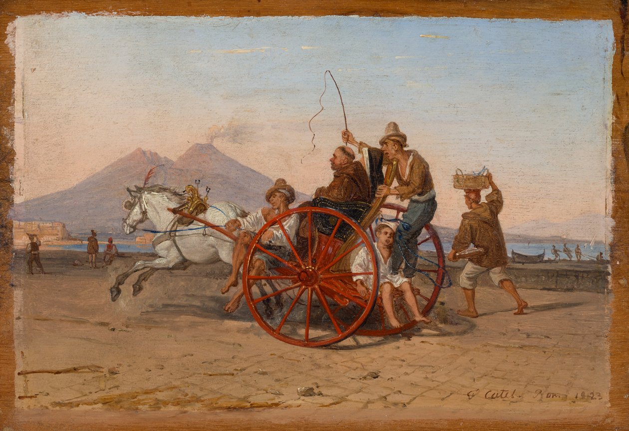 "En kapucinermunk och nunna körs i en napolitansk carrette i hamnen i Neapel" av Franz Ludwig Catel