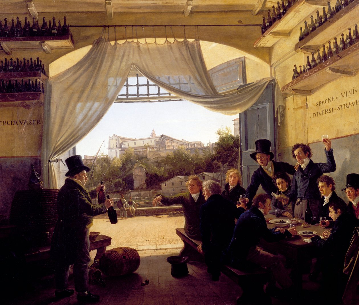 Louis II de Baviere dricker med vänner på den spanska vintavernan i Rom. 1824 (olja på trä) av Franz Ludwig Catel