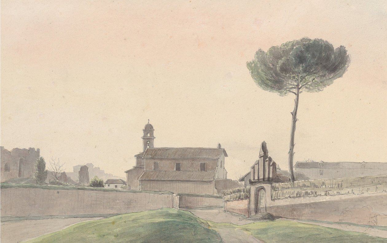 Utsikt över kyrkan San Pancrazio, Rom, från söder, 1834. av Franz Ludwig Catel