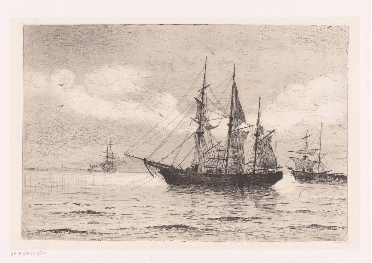Seascape med en tre-master och andra fartyg av Franz Maecker