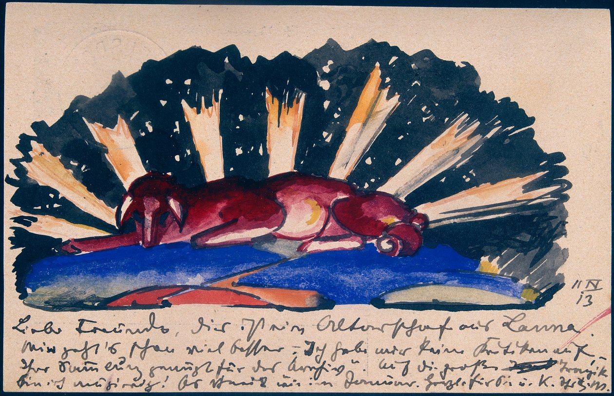 "Altarfår från Lana", Franz Marc från Sindelsdorf till Gabriele Münter i München: vykort, poststämpel 11 april 1913 av Franz Marc