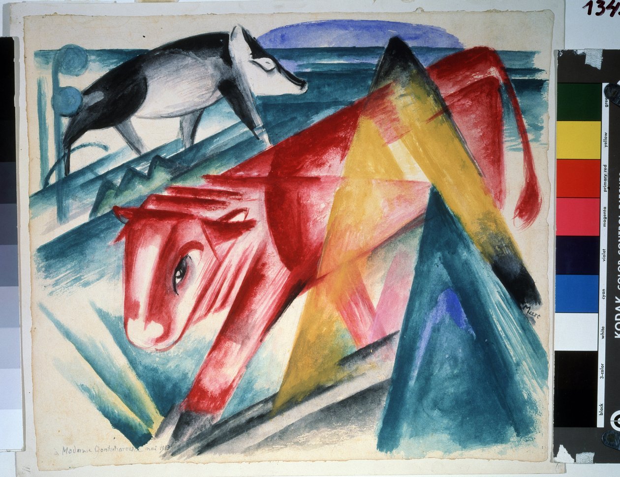 ""Djur"" (Djur) Ko och galt. Akvarell av Franz Marc (1880-1916) (expressionism) 1913. Storlek 39x45 cm Pushkin-museet, Moskva av Franz Marc