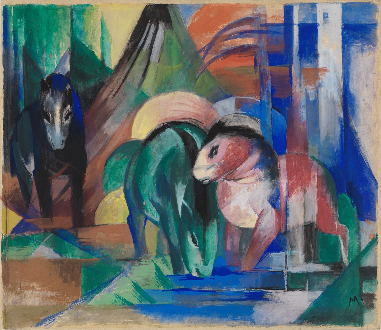Tre hästar vid skogsvattnet av Franz Marc