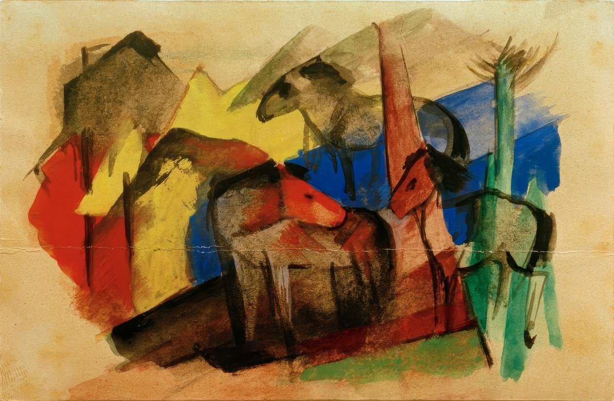 Tre hästar i landskap med hus av Franz Marc