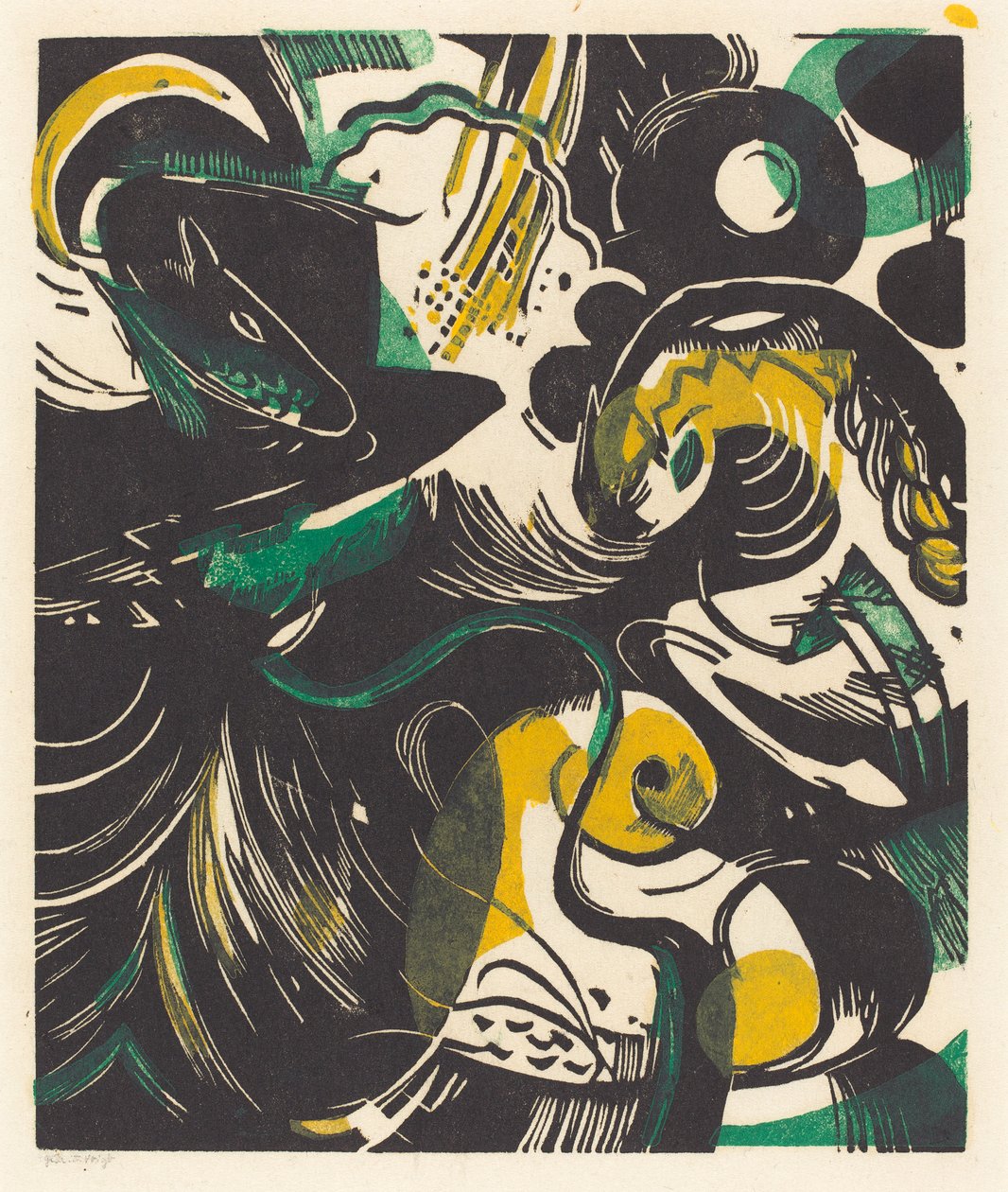 Genesis II (Schopfungsgeschichte II), 1914 (träsnitt i gult, svart och grönt) av Franz Marc