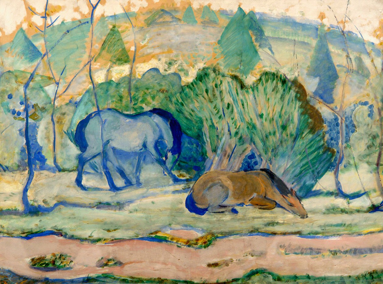 Hästar på betesmark Hästar i ett landskap av Franz Marc