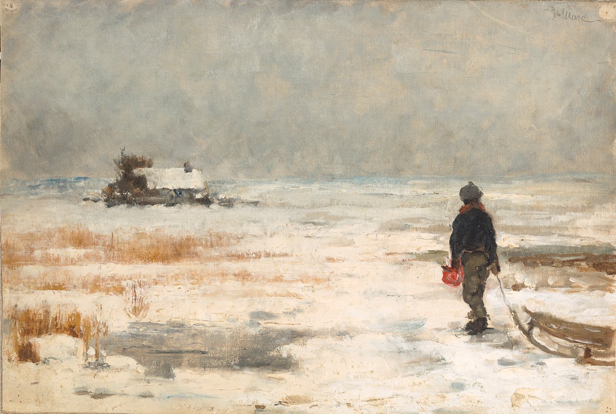 Pojke med släde i vinterlandskap av Franz Marc