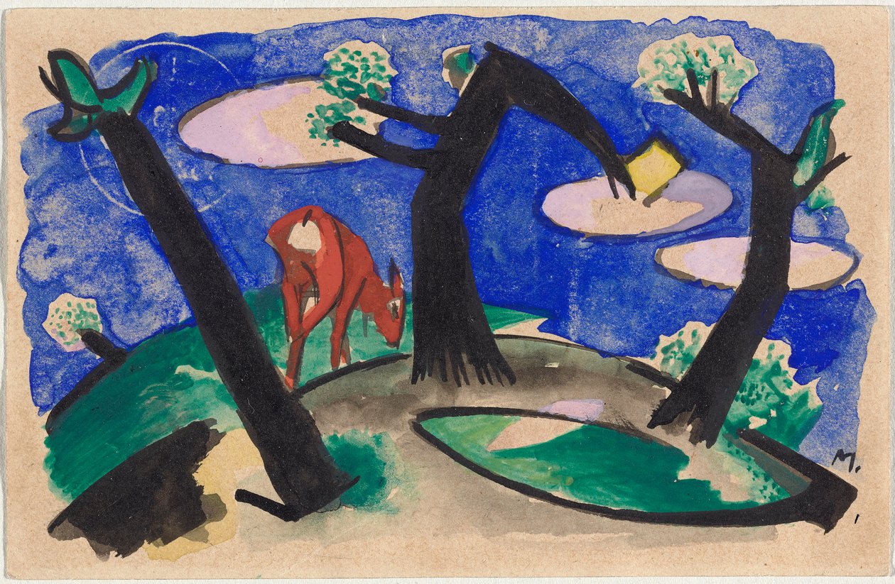 Landskap med rött djur, vykort från Sindelsdorf till Alfred Kubin i Wernstein/Zwickledt av Franz Marc