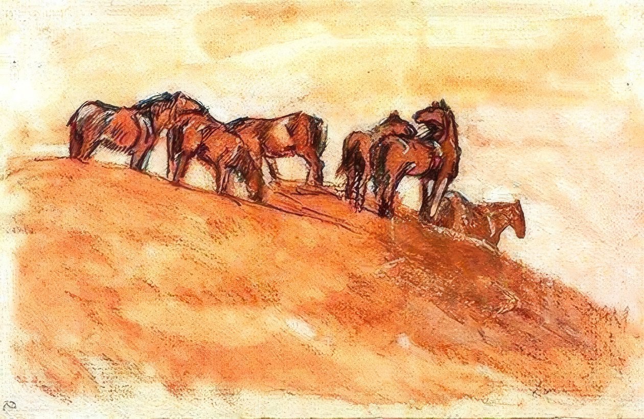 Hästar som står mot luften på bergshöjd av Franz Marc