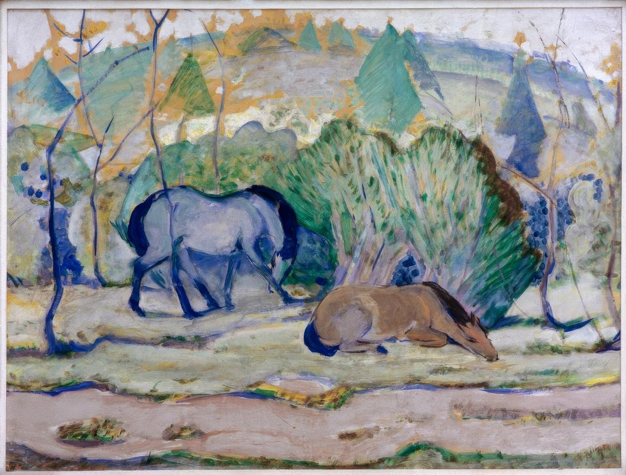 Hästar på bete (hästar i landskap) av Franz Marc
