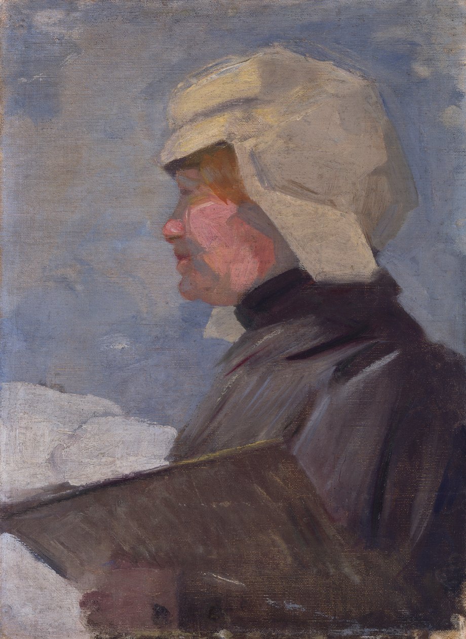 Porträtt av en målarinna med palett (Maria Marc målar i snön) av Franz Marc
