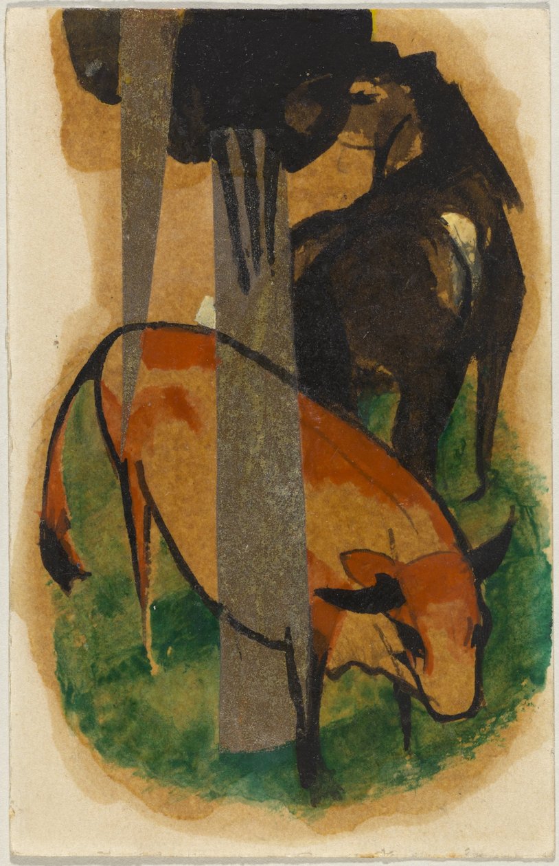 Röd häst och gul boskap (svartbrun häst och gul boskap), vykort från Sindelsdorf till Alfred Kubin i Wernstein/Zwickledt av Franz Marc