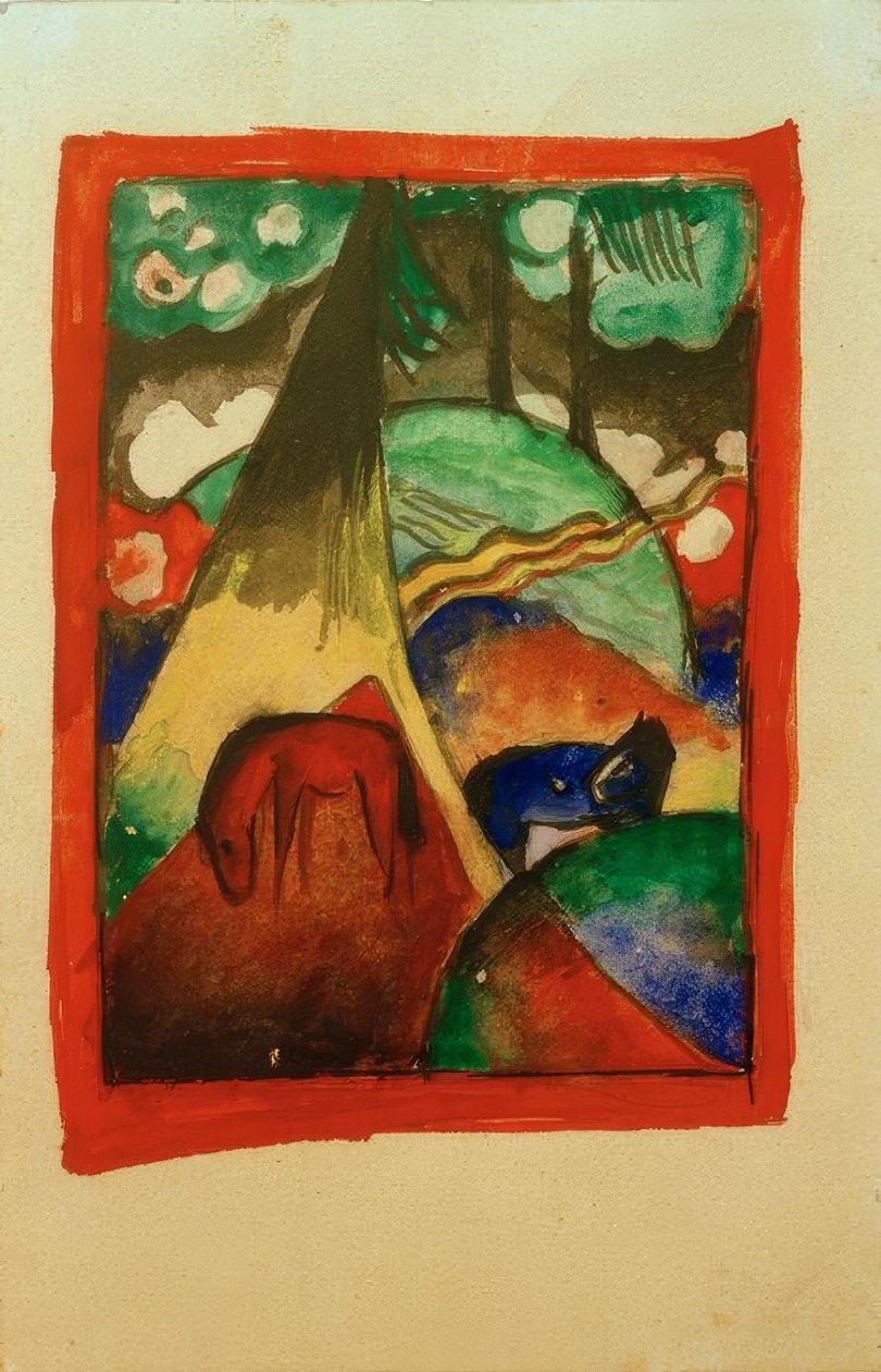 Röd och blå häst i landskap av Franz Marc