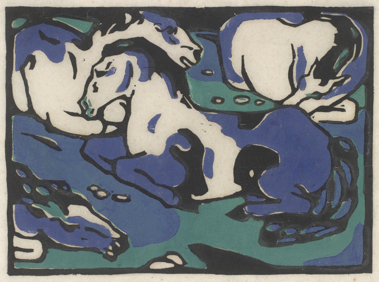 Ruhende Pferde (vilande hästar), 1911-1912, tryckt 1916 (träsnitt i svart, blått och grönt på japanpapper) av Franz Marc