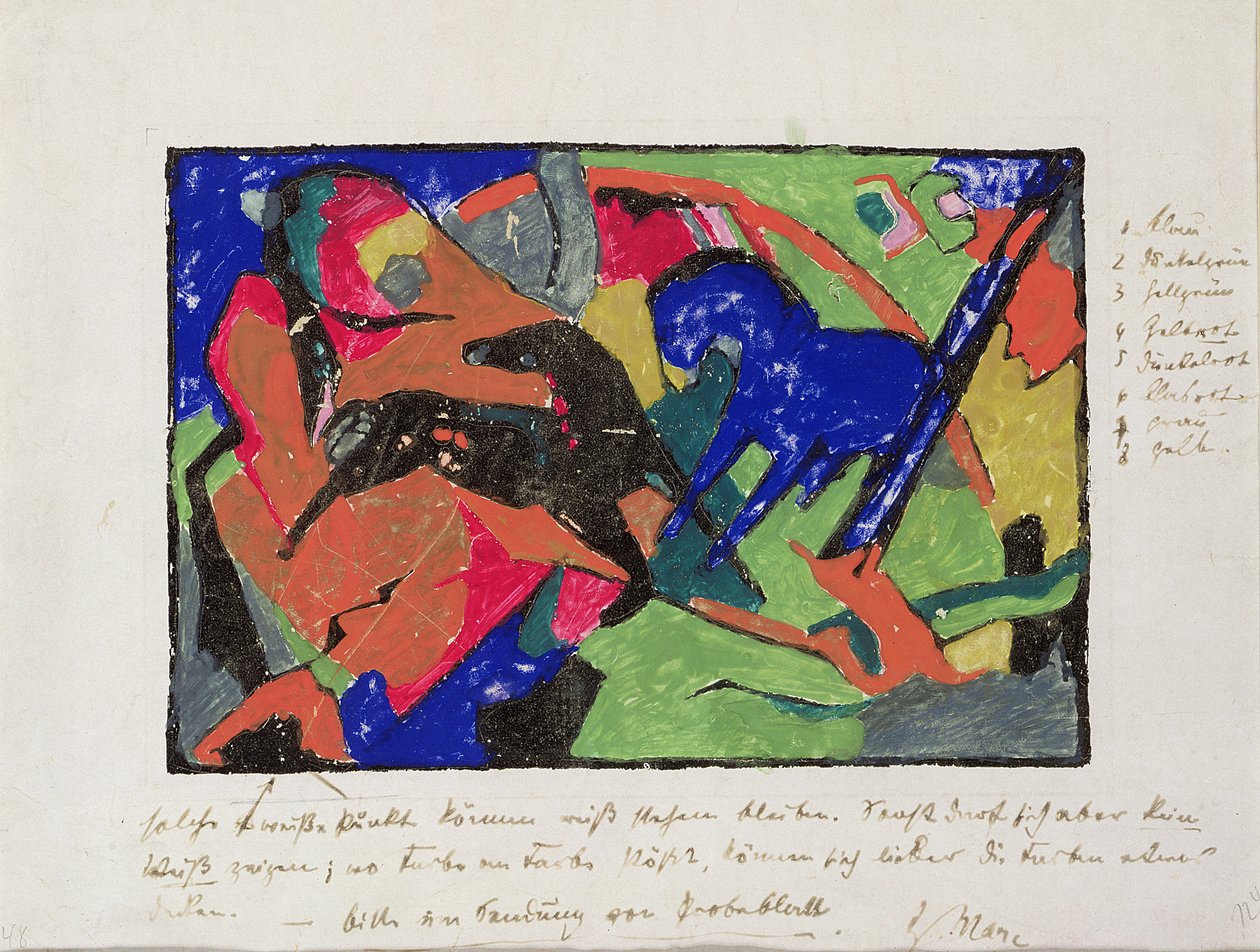 Två hästar, 1911-12 (handfärgat tryck) av Franz Marc