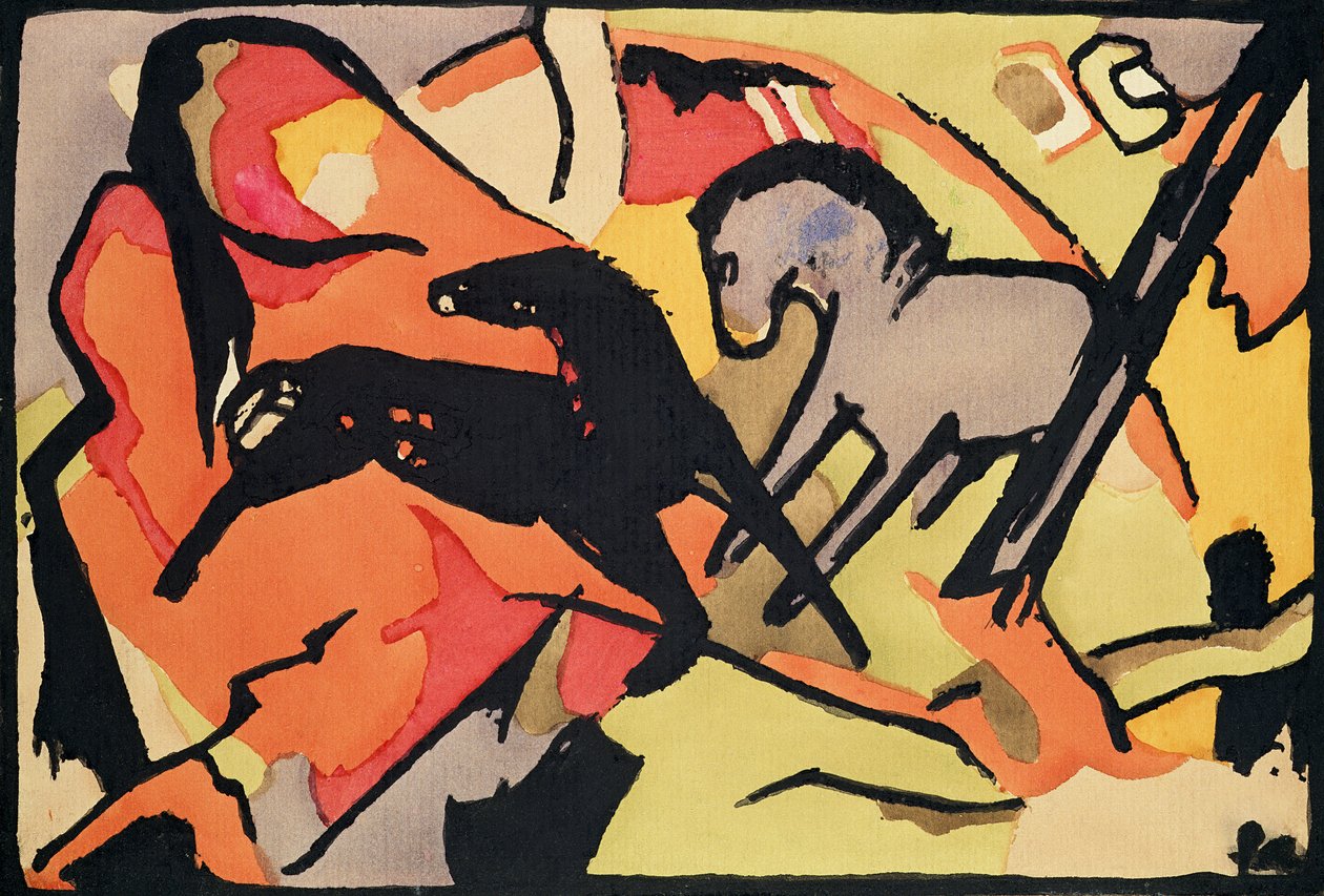 Två hästar, 191112 (indisk bläck och wc på papper) av Franz Marc