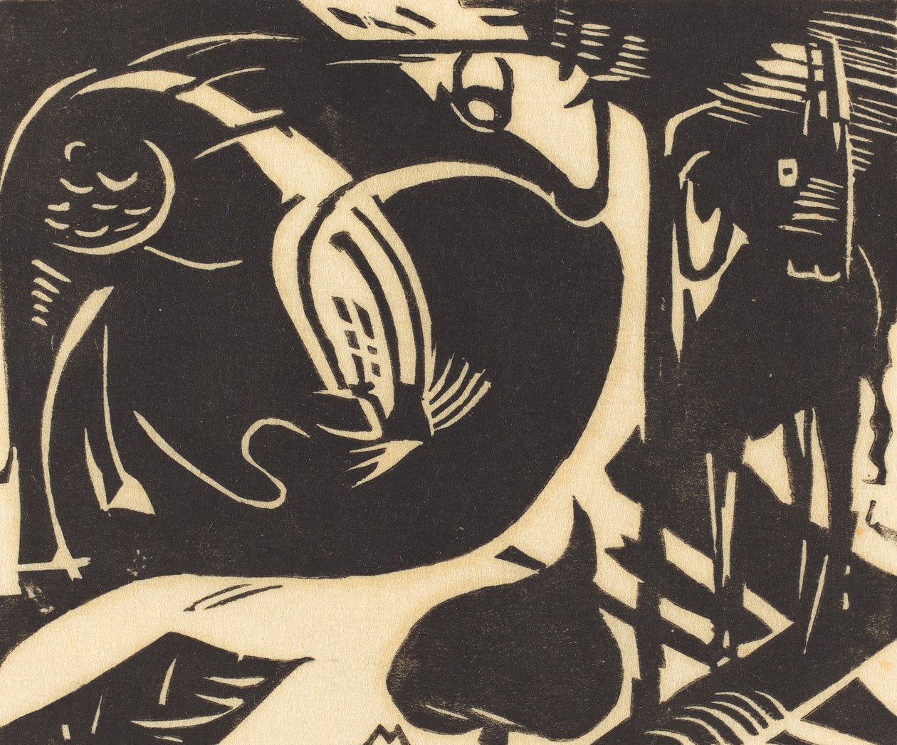 Två mytiska djur (Zwei Fabeltiere), 1914 (träsnitt i svart på japanskt papper) av Franz Marc