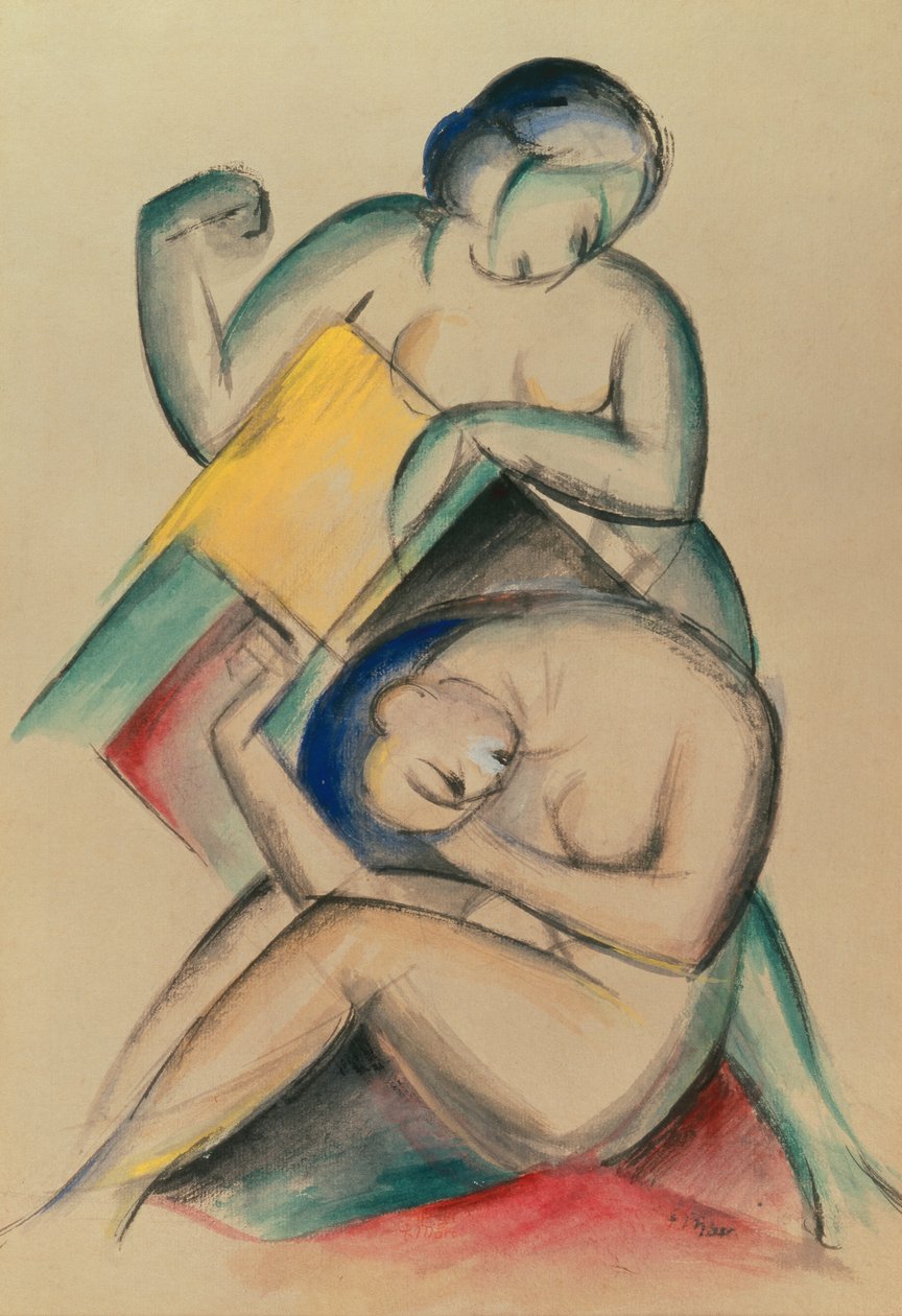 Två nakna kvinnor, ca 1910-15 (gouache och akvarell på papper) av Franz Marc
