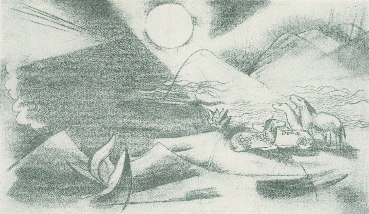Orört landskap med sol, berg och en grupp hästar av Franz Marc