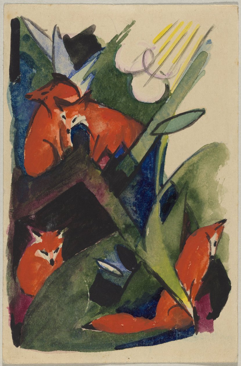 "Fyra rävar", Franz Marc från Sindelsdorf till Wassily Kandinsky i München: vykort, poststämpel 4 februari 1913 av Franz Marc