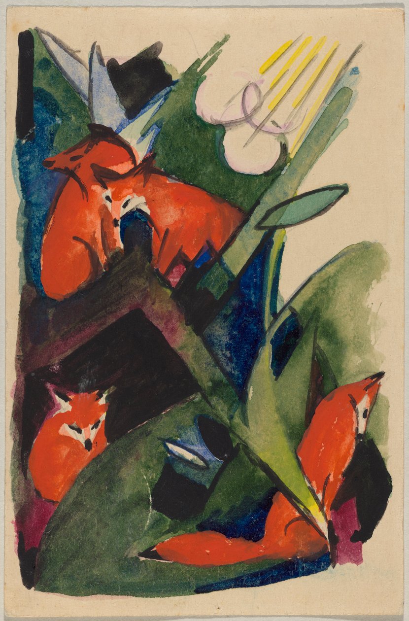 ”Fyra rävar”, Franz Marc från Sindelsdorf till Wassily Kandinsky i München: vykort, poststämpel 04.02.1913 av Franz Marc
