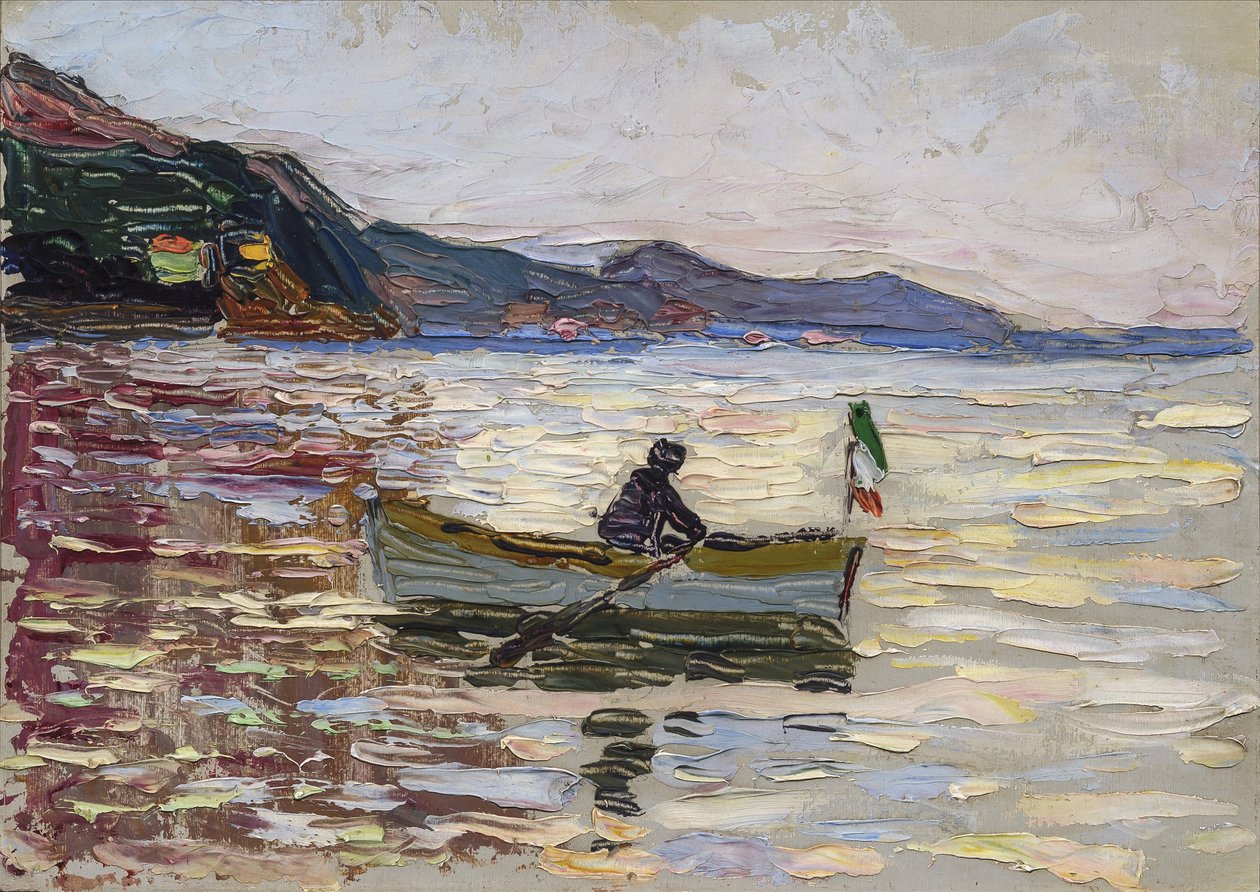 ""Utsikt över Rapallo med båt på havet"" (Rapallo Boat On The Sea) Målning av Wassily Kandinsky (eller Wassily Kandinski eller Kandinskij) av Franz Marc